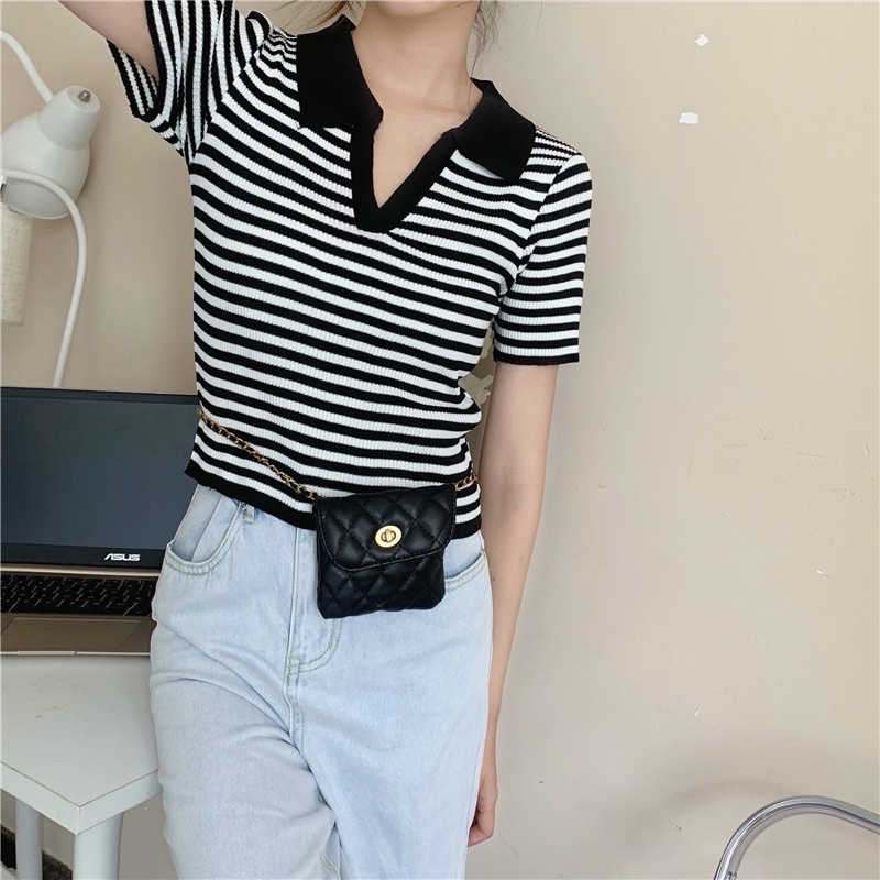 Áo len polo cổ bẻ V kẻ ngang | BigBuy360 - bigbuy360.vn