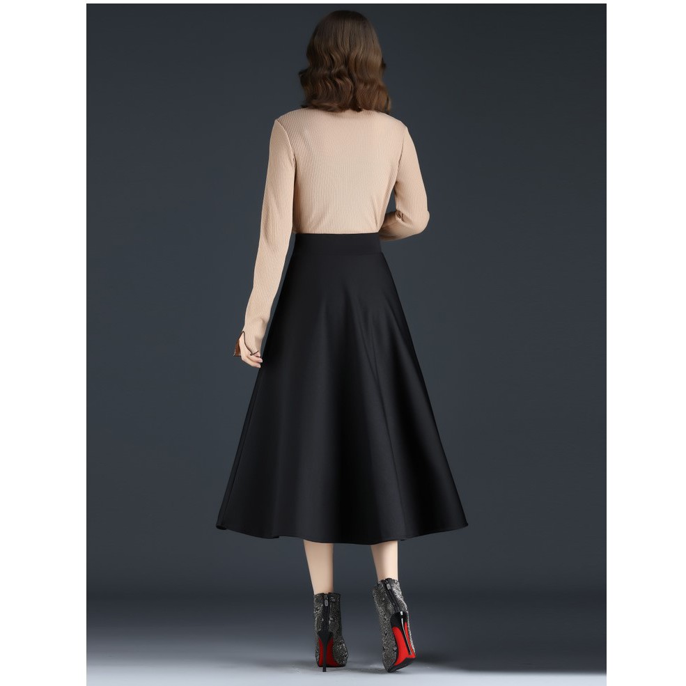 Chân váy dài cạp cao qua gối midi ullzang dáng xòe màu đen trơn đính khuy chất liệu tuyết mưa cực đẹp Siêu sang chảnh