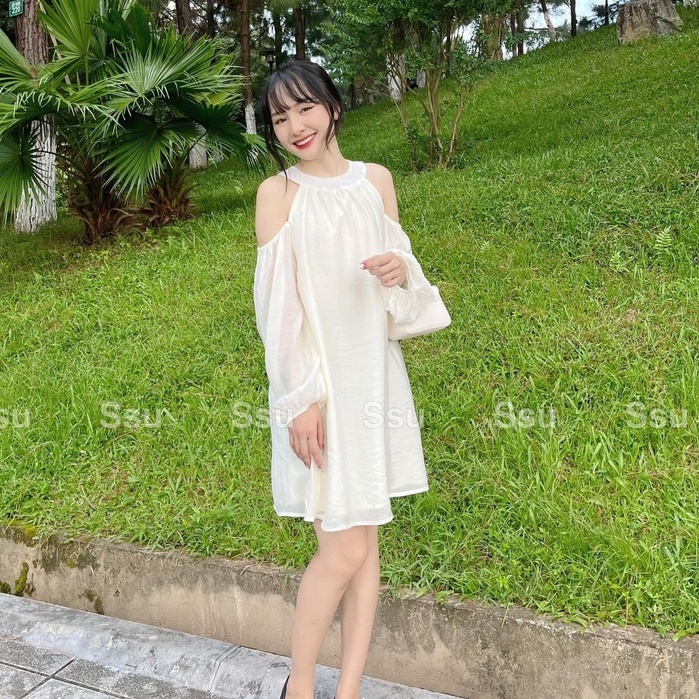 Váy Đầm Nữ Cổ Yếm Tay Dài Chất Von Lụa 2 Lớp Cao Cấp Váy Đi Chơi Đi Tiệc Đi Dạo Phố