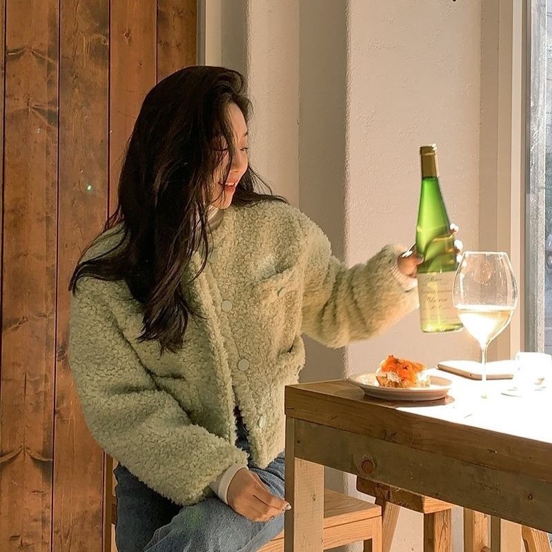 Áo khoác Cardigan vải lông cừu dáng rộng ấm áp thời trang cho nữ