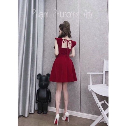 ĐẦM NỮ DÁNG XÒE MÀU ĐỎ CÁNH TIÊN HỞ LƯNG FREESHIP ĐẦM NHUNG DỰ TIỆC SANG CHẢNH 2 DÂY | BigBuy360 - bigbuy360.vn