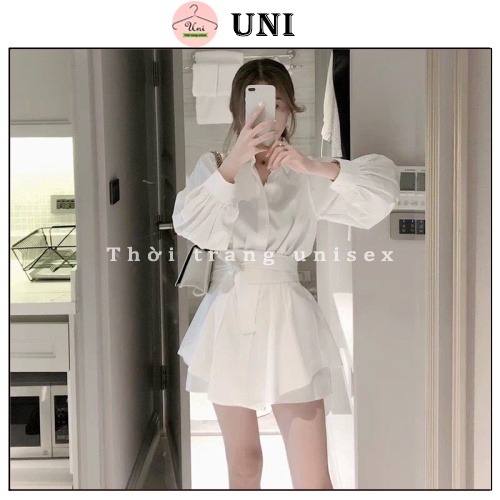 Set áo sơ mi kèm quần đùi dây đan eo/ Set váy sơ mi 2 màu basic