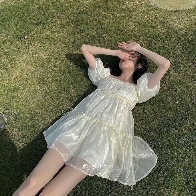 Anna's Sweet and lovely girl gauze high waist slim square collar bubble sleeve dress female princess dress 2021 spring new style | BigBuy360 - bigbuy360.vn