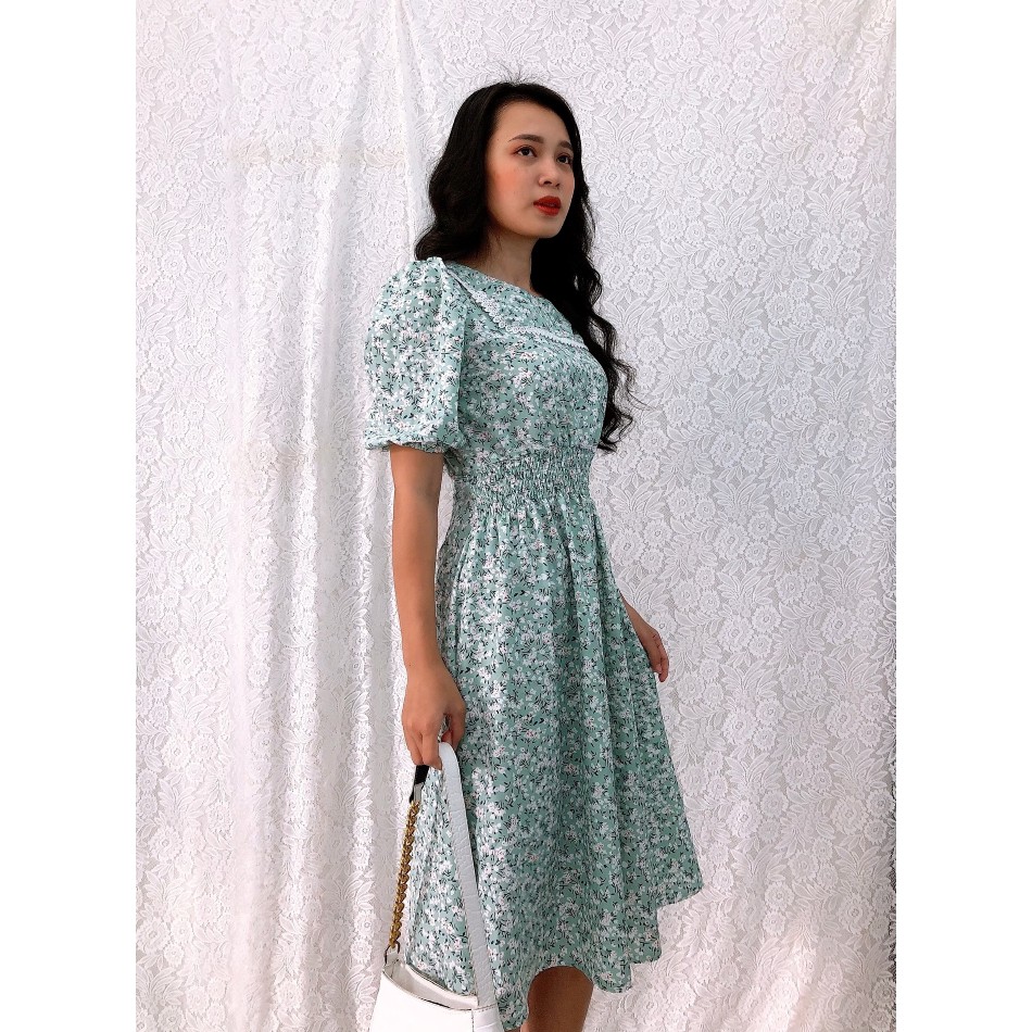 Đầm xòe dài hoa nhí S&amp;M nhún thun eo, cổ phối ren siêu xinh, trẻ trung, giá rẻ GR178- Hình thật shop chụp