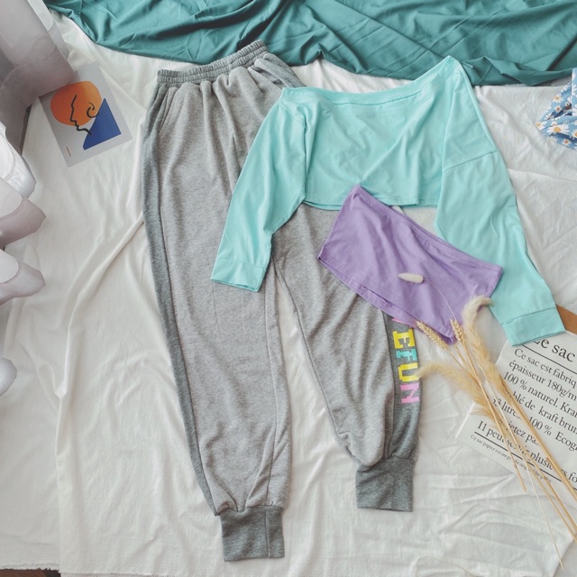 Set quần lai bo xám viền chữ + áo trơn thể thao 3 Món phối tím xanh.