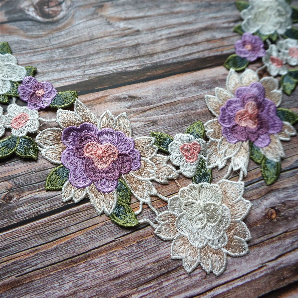 Tím Thêu Hoa Hồng Hoa Ren Đính May Cổ Cổ Miếng Dán Áo Cưới Cô Dâu DIY Thủ Công