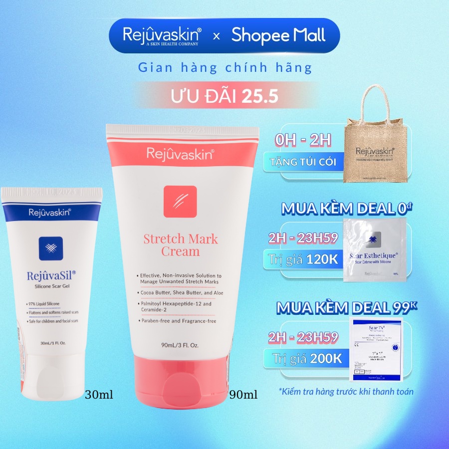 Combo chăm sóc da Rejuvaskin làm xẹp sẹo lồi, sẹo phì đại Silicone Rejuvasil Gel 30ml và làm mờ vết rạn da 90ml