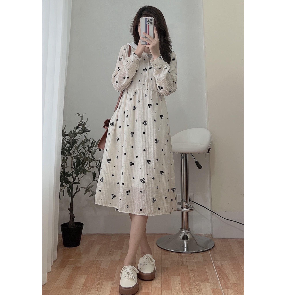 Đầm hoa nhí nhỏ phối cổ viền cúc cài ngực vintage