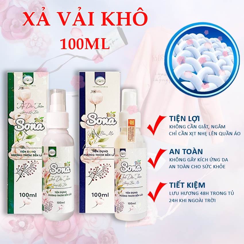 Xả vải khô nước xịt thơm quần áo Sona 100ml/150ml lưu hương bền lâu, làm mềm vải, chai xịt tiện dụng - Sona Organic