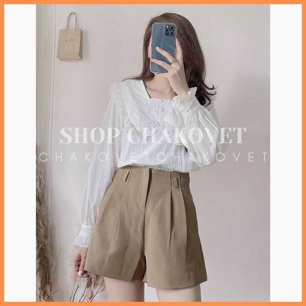 Áo sơ mi nữ viền ren cúc bọc tay dài màu trắng be phong cách thời trang Hàn Quốc -CKA169