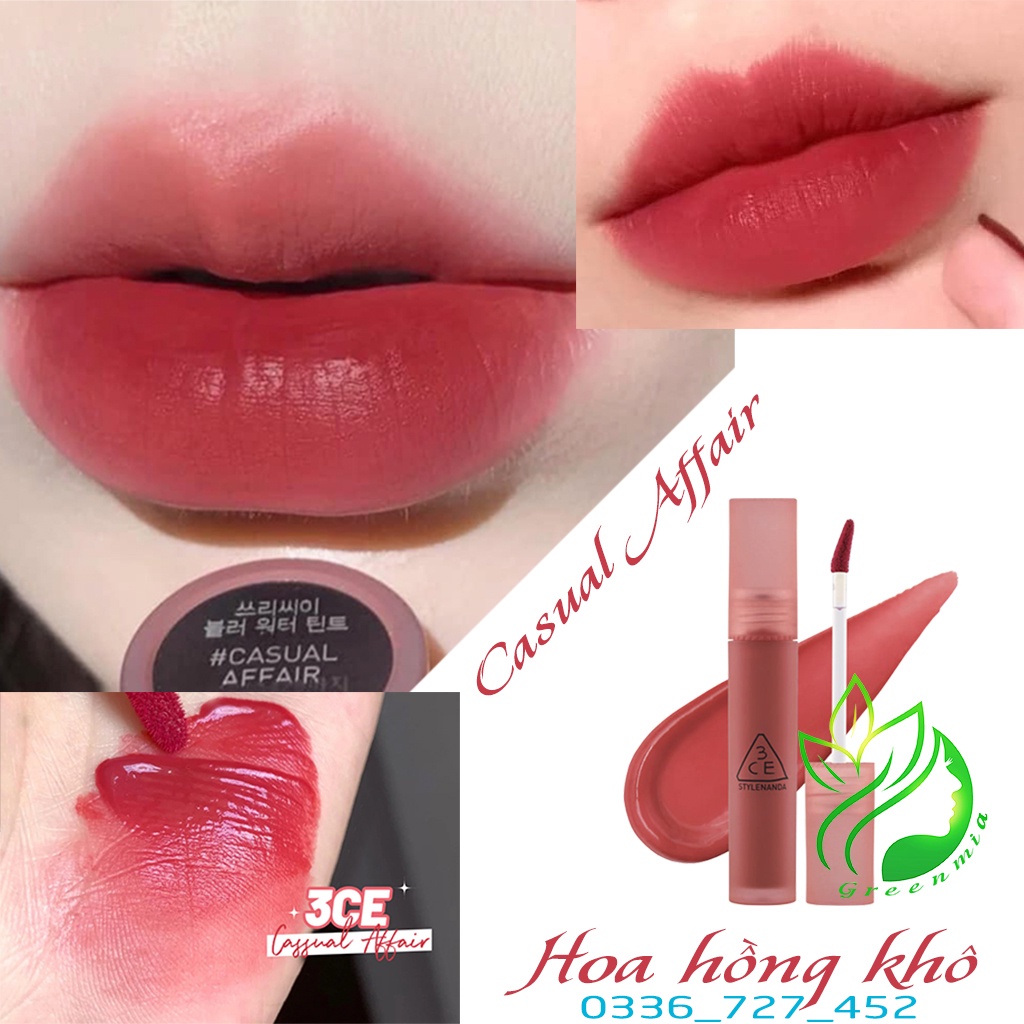 Son 3CE Blur Water Tint Casual Affair Son Kem Tint Lì Màu Hoa Hồng Khô