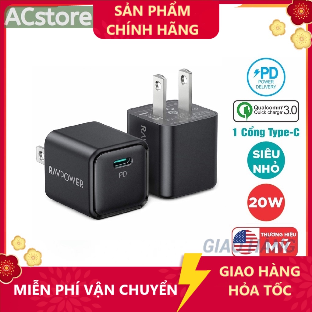 [ KHÔNG HỘP ] Sạc Điện Thoại, Củ sạc nhanh RAVpower PD 20W Siêu Nhỏ, hỗ trợ PD/PPS/QC (RP-PC150)