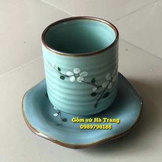 Set cốc đĩa gốm sứ Bát Tràng cao cấp men lam vẽ hoa đào