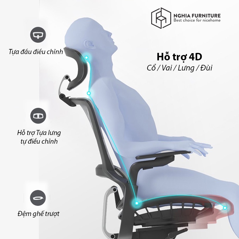 Ghế công thái học Nghia Furnniture Ergonomic 04 - Bigsize, hỗ trợ thắt lưng mạnh mẽ, ngả sâu 140 độ