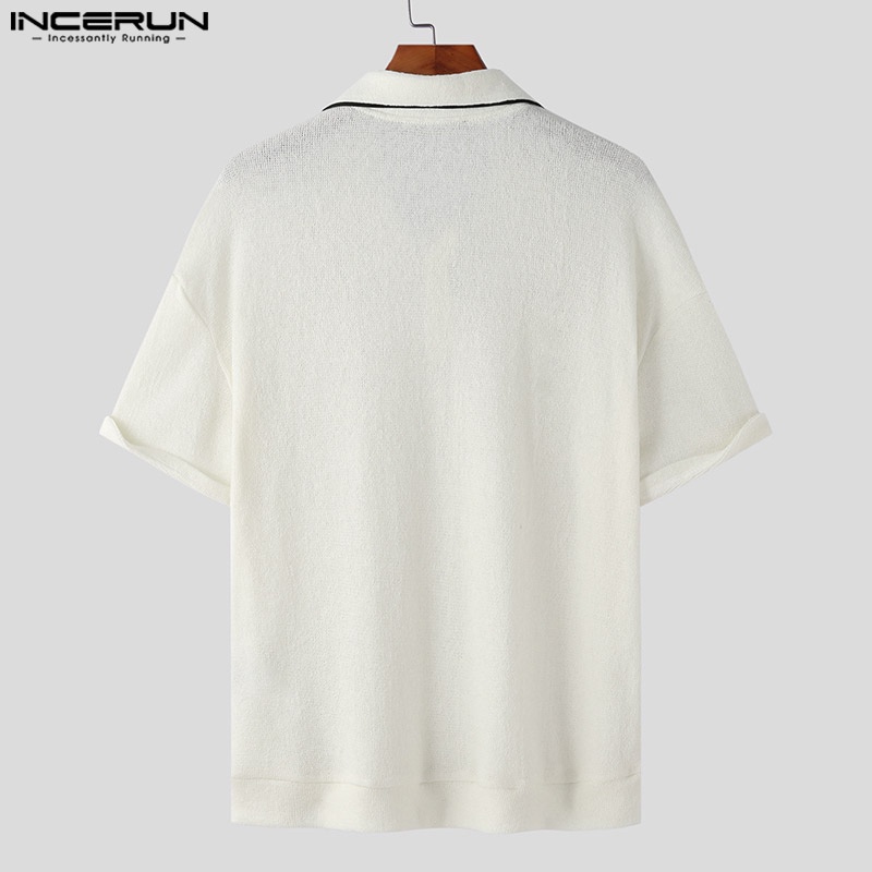 Áo thun polo INCERUN dệt kim ngắn tay phong cách vintage thời trang dành cho nam