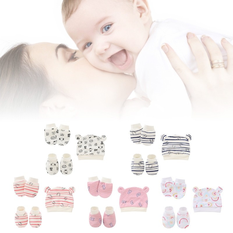 Bộ bao chân + mũ + bao tay cotton chống xước cho bé sơ sinh