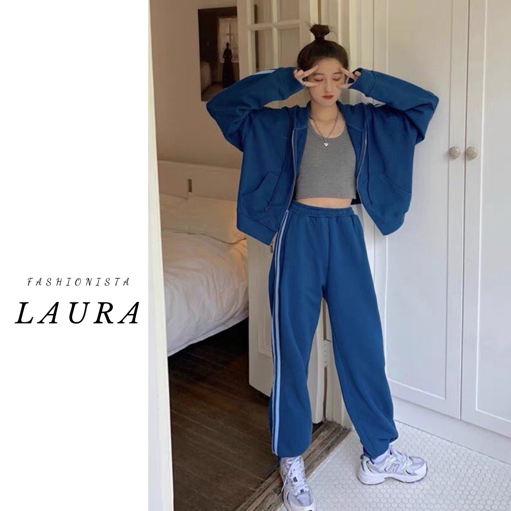 Set áo khoác nỉ dài tay 3 sọc kèm quần dài bo ống Laura Boutique - Set áo khoác quần thụng kẻ sọc xám năng động | BigBuy360 - bigbuy360.vn