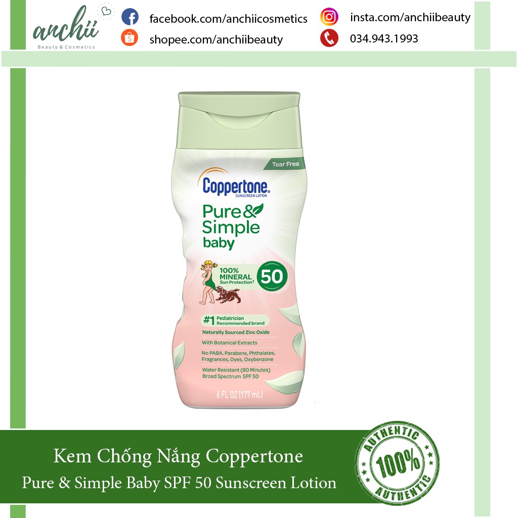 [TOP 1 UY TÍN] Kem Chống Nắng trẻ em Coppertone Pure & Simple Baby SPF 50 Sunscreen Lotion, Tear Free, Water Resistant