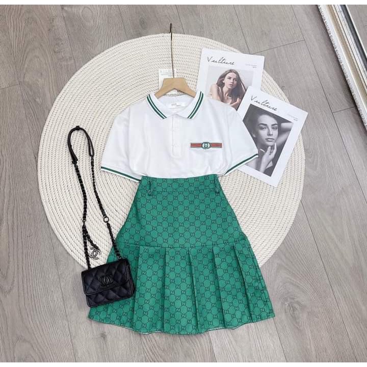 SET ÁO POLO PHỐI CHÂN VÁY XANH GUCICI SIÊU XINH