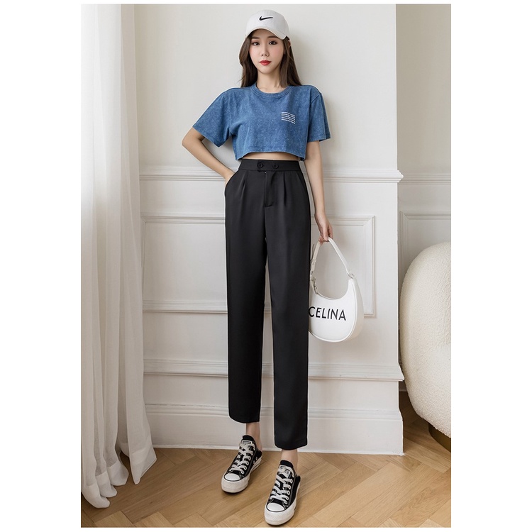 Quần baggy nữ công sở cạp cao cúc lệch gấu bằng dáng đẹp cao cấp Q068