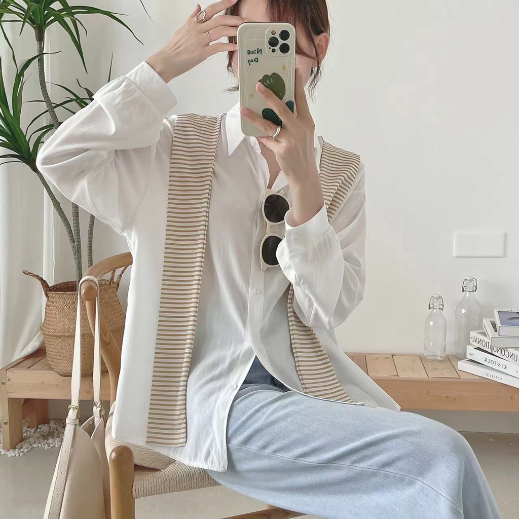 Áo sơ mi nữ trắng dài tay cổ phối khăn kẻ thắt nơ, Áo sơ mi nữ kiểu cổ quàng khăn kẻ buộc nơ vai Hàn Quốc