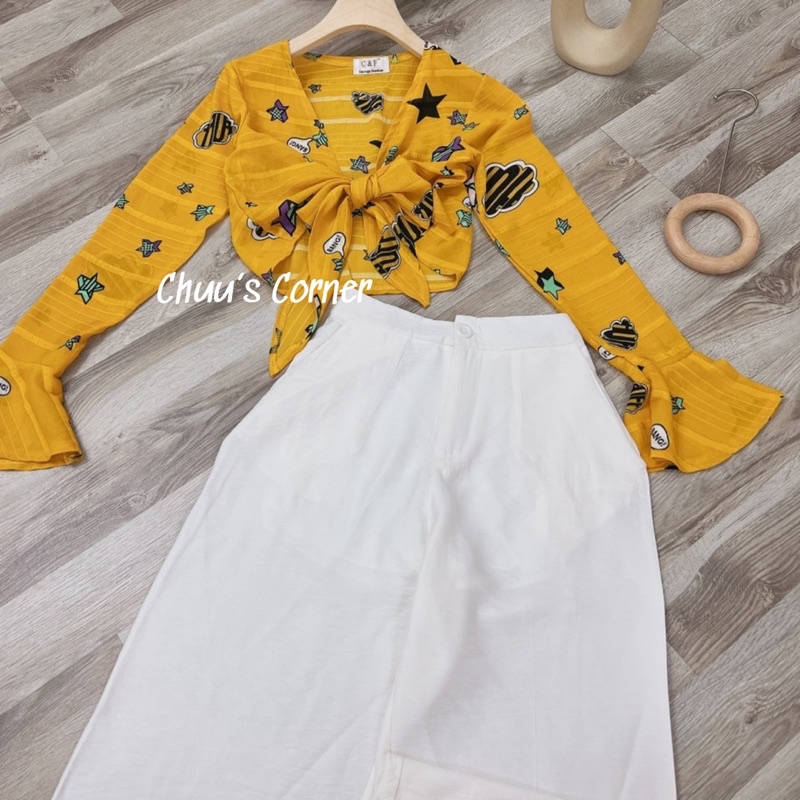 Set áo croptop cột nơ kèm quần ống rộng dáng suông phù hợp đi biển, hình thật trả sàn