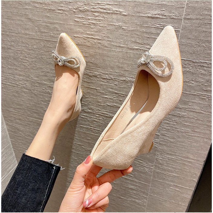 Giày đế xuồng da lộn nơ đá bền đẹp chắc chân gót cao 5p và 8p size 33/40  100421