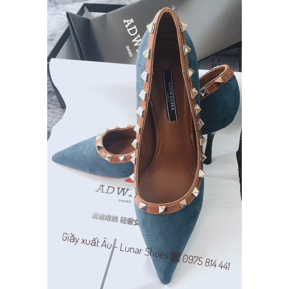SALE G239 Giầy cao gót xanh viền đinh Sang chảnh