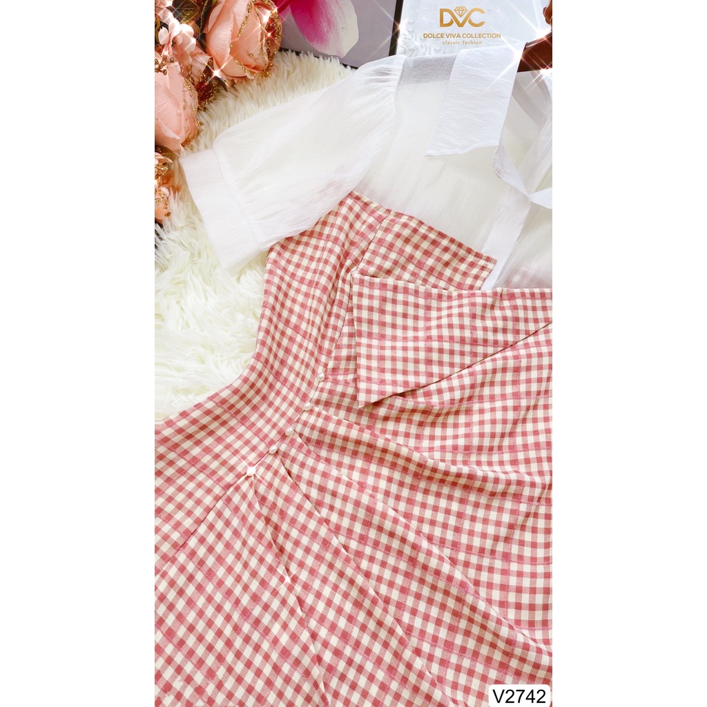 Váy thiết kế cao cấp đi làm đi chơi sơ mi kẻ hồng V2742 - DVC