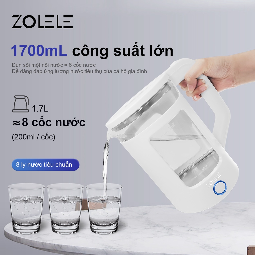 Ấm đun nước siêu tốc thủy tinh zolele ZH100 dung tích lớn 1.7L-1355W - Hàng chính hãng