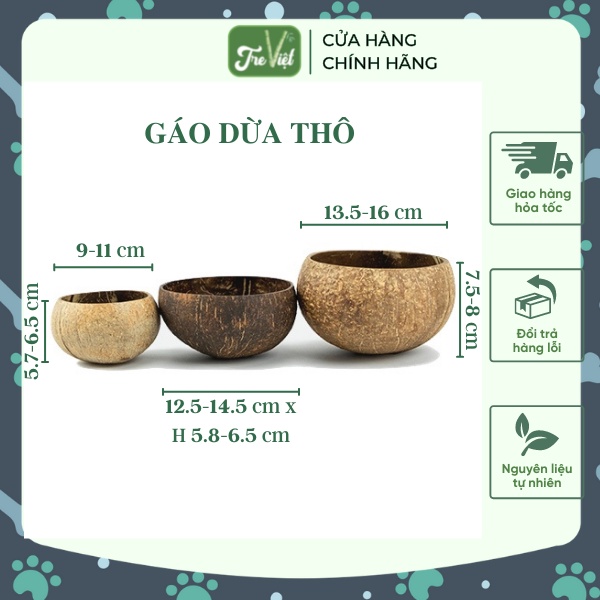 Bát gáo dừa thô – Tô gáo dừa thô mài láng mặt trong 3 size | Tre Việt