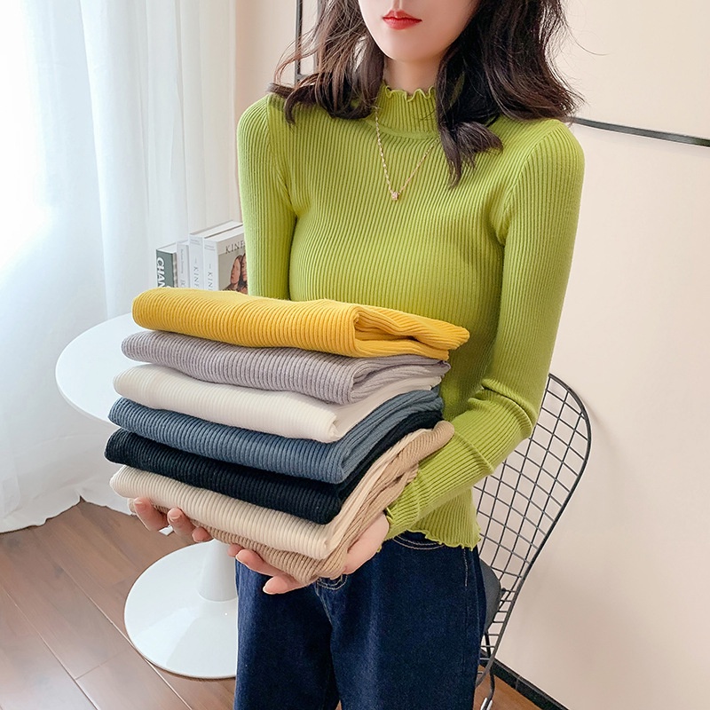 Áo Len Cổ Lọ Thấp Tay Dài Thời Trang Thu Đông Cho Nữ