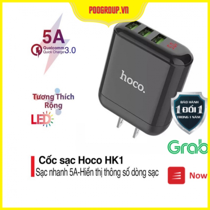 Cốc Sạc Nhanh Chính Hãng Hoco HK1 3USB 5A Có Màn Hình LCD Hiển Thị % Pin Bảo Hành 1 Năm