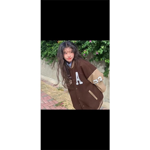 Áo khoác bomber jacket varsity nam nữ màu nâu cafe vintage đậm mới thêu chữ A cực chất