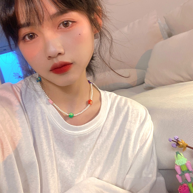 Vòng cổ đính hạt có mặt ngọc trai hình hoạt hình dễ thương nhiều màu sắc dành cho nữ