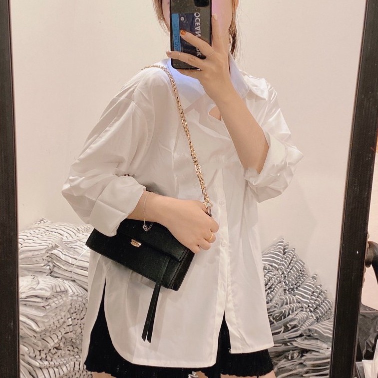 Áo sơ mi nữ trơn form rộng dài tay unisex tay bồng Queenshop