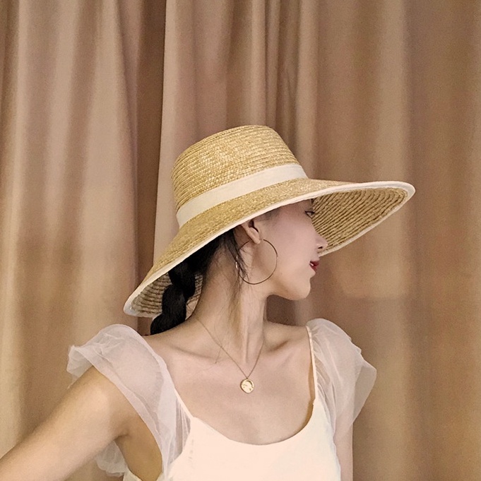 Mũ rơm cao cấp - mũ cụp vành rộng - Viền bo trắng ( mẫu mới đóng hộp)