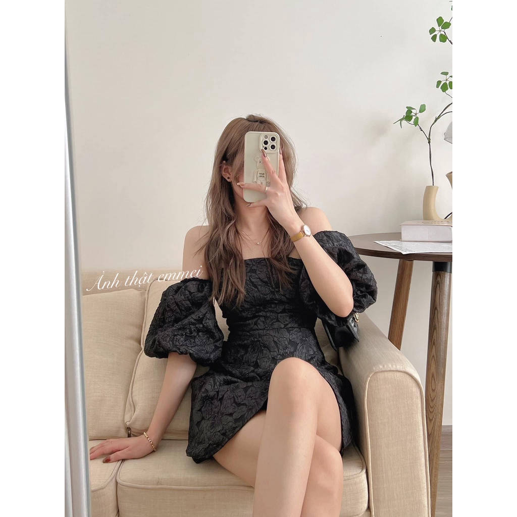 Váy trễ vai tay bồng vân hgoa nổi đen trắng Emmei - v180