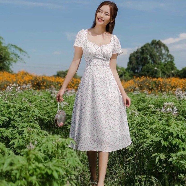 Đầm xòe hoa nhí cổ vuông tim thời trang - nhiều size và màu, form dáng chuẩn mặc đi làm, đi tiệc