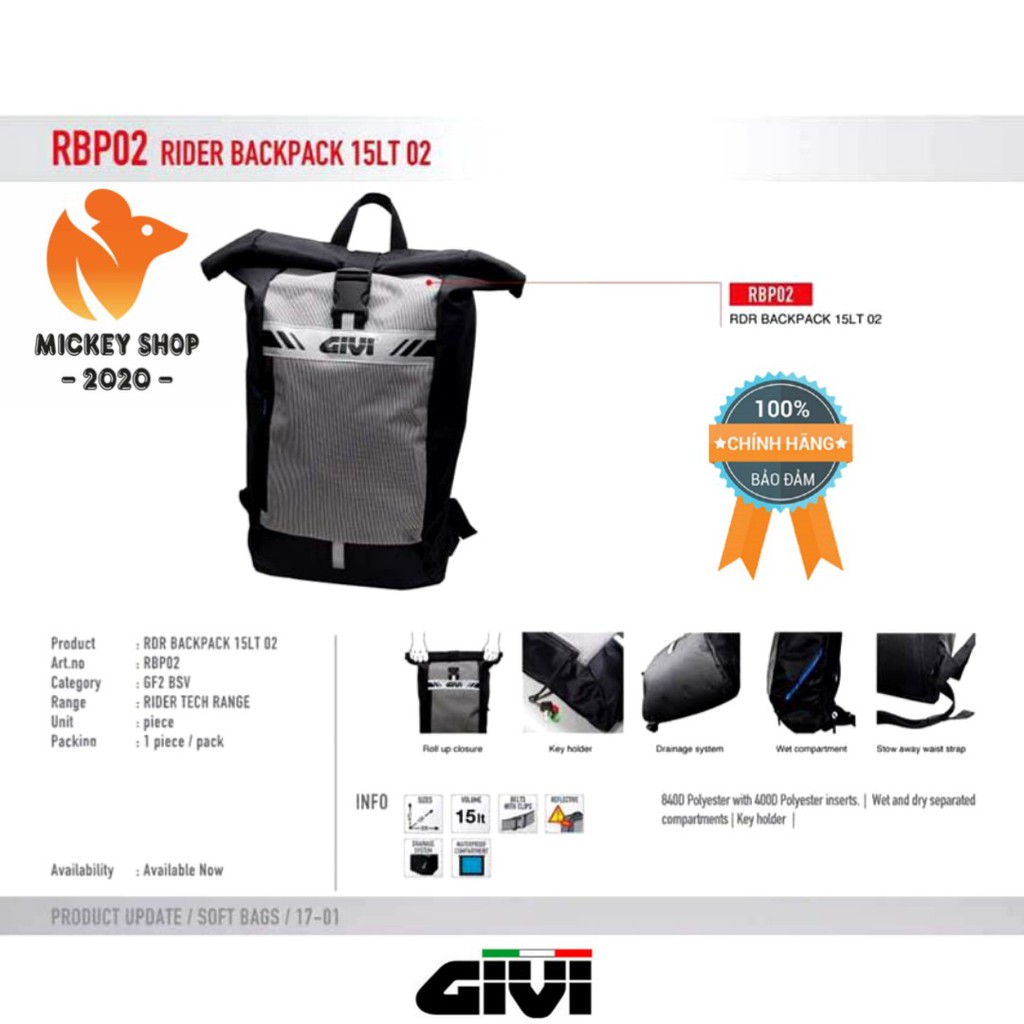 [ CAO CẤP ] Balo Chống Nước Givi Rider Tech Backpack 15Lt 02 RBP02 - CHÍNH HÃNG