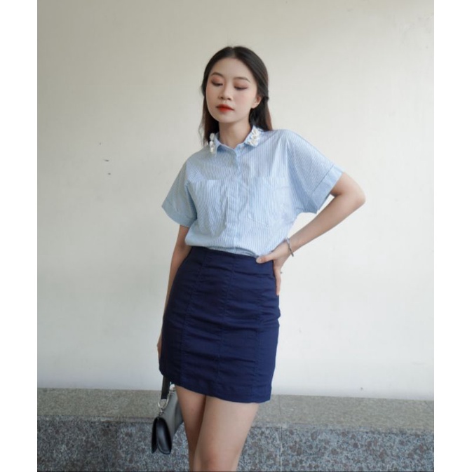 Sơ mi nữ kate vải mát vnxk, stripe blue t-shirt