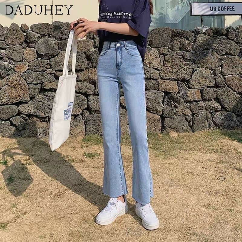 Quần jean dài co giãn tốt, kiểu dáng ống bas lai tưa, màu sắc cơ bản! | BigBuy360 - bigbuy360.vn