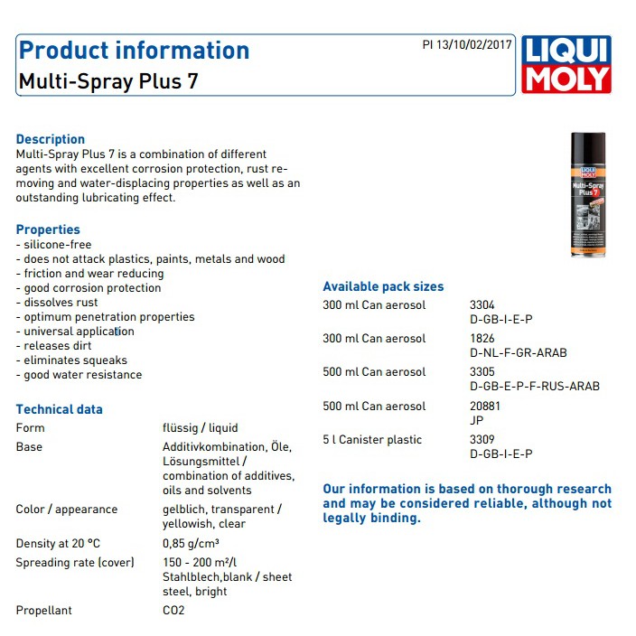 Chai xịt tẩy gỉ sét, bôi trơn đa năng Liqui Moly 3305 Multi-Spray Plus 7  500ml