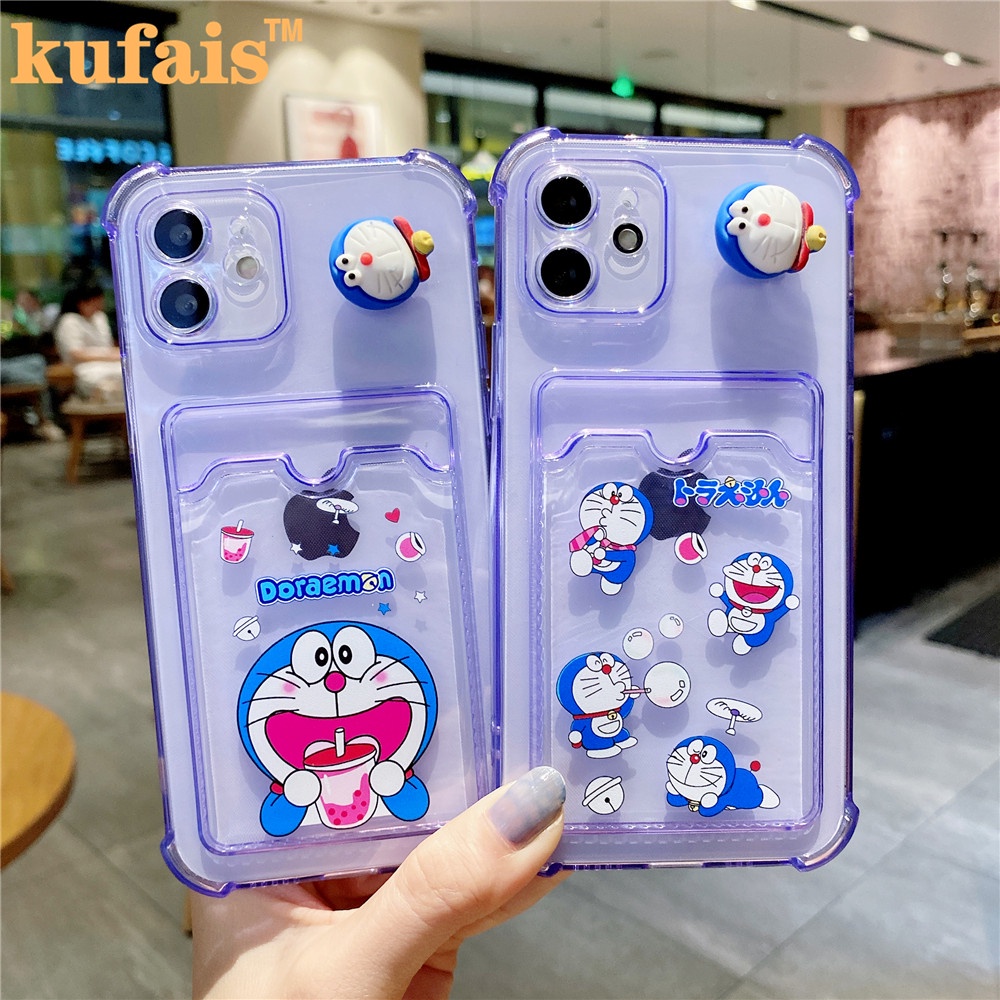Ốp điện thoại trong suốt có ngăn đựng thẻ hình Doraemon cho iPhone 12 Pro MAX 7 8 Plus X XR XS 11 Pro MAX se2020