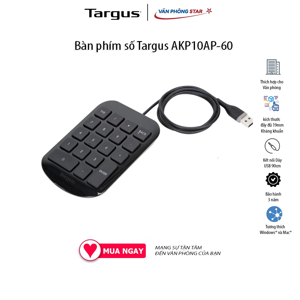 Bàn phím số Targus AKP10 Màu đen Kết nốiUSB Độ nghiêng công thái học Tương thích với Windows và Mac bảo hành 3 năm