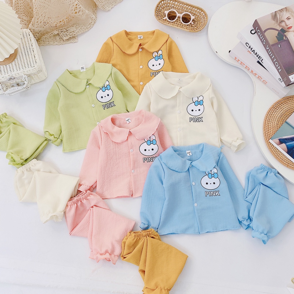 [DT67] Bộ Dài Tay Họa Tiết Thỏ Pink Cho Bé Gái Chất Vải Đũi Xô Nhẹ Nhàng Dáng Đáng Yêu Size Từ 7-18Kg VNXK Nhật-Hàn