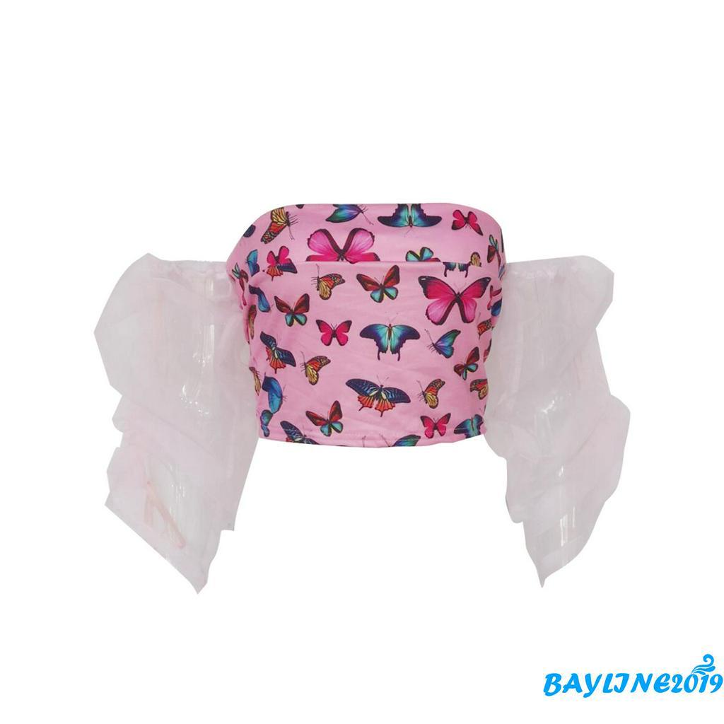 Áo Croptop Tay Phồng Chắp Vải In Hoạ Tiết Cánh Bướm Màu Hồng Gợi Cảm Cho Phụ Nữ