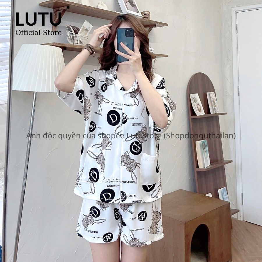 Bộ ngủ pijama chất lụa hoạ tiết dễ thương kèm dây buộc tóc scrunchies