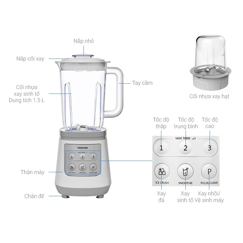 Máy xay sinh tố Toshiba BL-70PR1NV dung tích 1.5L 2 cối nhựa có xay đá 700W - Bảo hành hãng 12 tháng