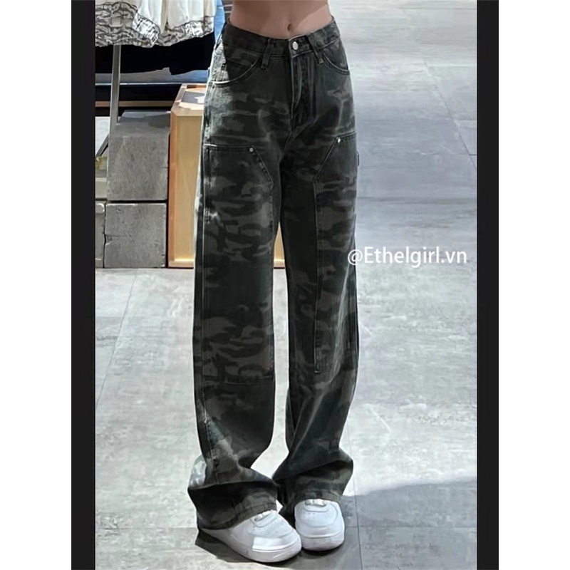 Quần Jean Nữ Lưng Cao Ống Rộng Họa Tiết Rằn Ri Thời Trang